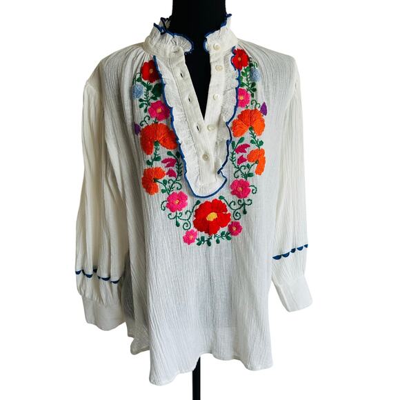 Antik Batik Clotilda Hand-Embroidered Floral Cotton Crepe Blouse White - 42 (L) - Picture 4 of 11